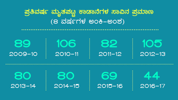 ದೇಶದಲ್ಲಿ ಪ್ರತಿವರ್ಷ ಬಲಿಯಾದ ಕಾಡಾನೆಗಳ ಸಂಖ್ಯೆ