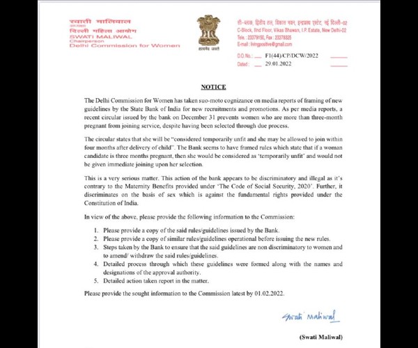 Womens Panel Notice To SBI Over Unfit Pregnant Women Guidelines Womens Panel Notice To SBI Over Unfit Pregnant Women Guidelines